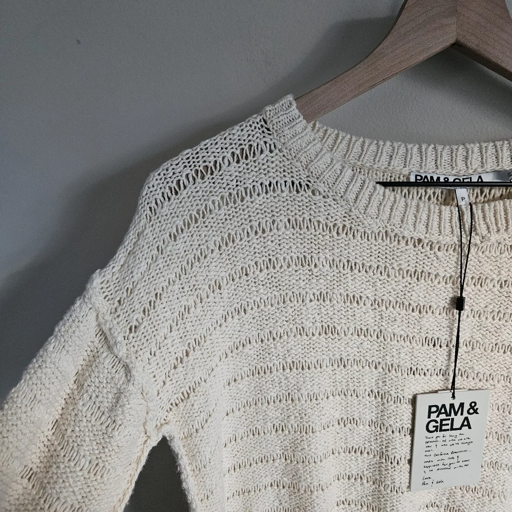 Pam & Gela Cream Fringe Open Back Sweater NWT